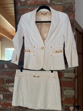 bebe Y2K Cream Tailored Blazer and Skirt Set with Gold Trim